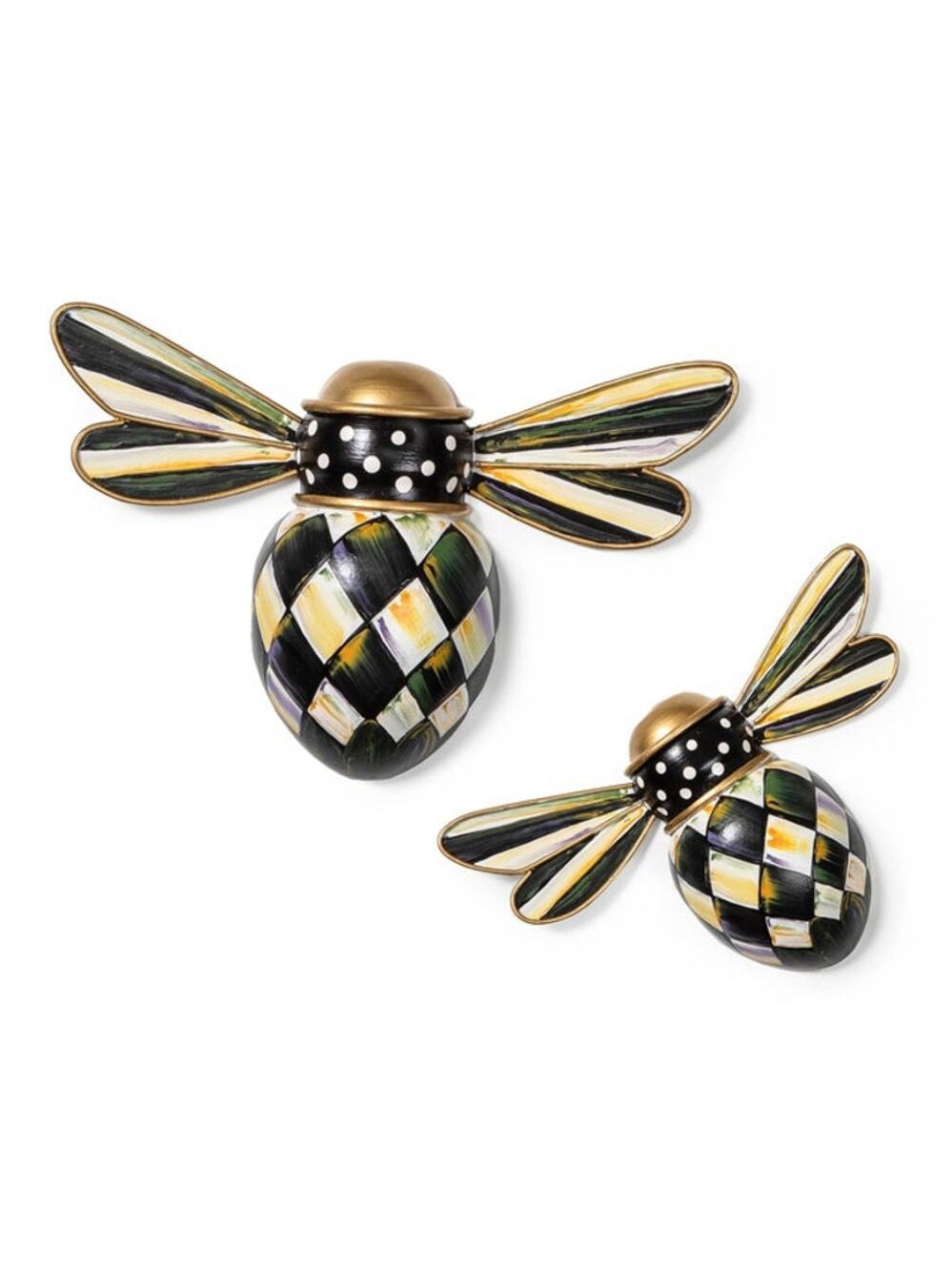 NEW Mackenzie-Childs Courtly Check Outdoor Bee Wall Decor, Set of 2 Hand Painted